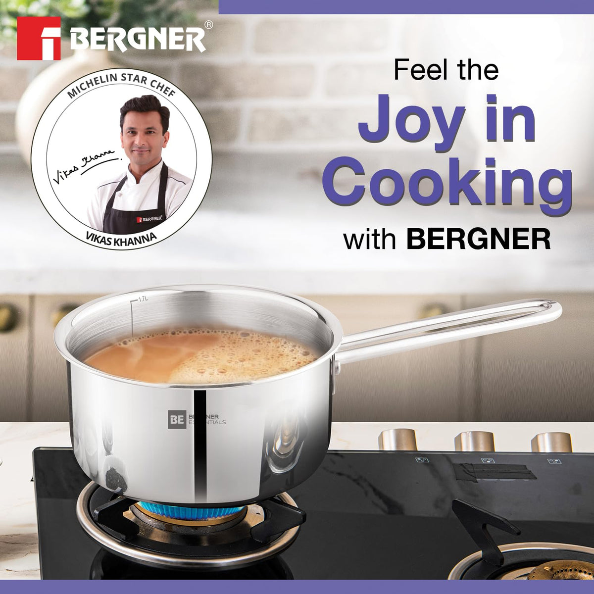 Bergner BE Essentials Triply Stainless Steel 14cm / 1.1 L Teapan, Small Size Milkpan, Saucepan with Rivetless Stay Cool Handle, Healthy Cooking, Faster Heating, Easy to Clean, Full Induction Bottom