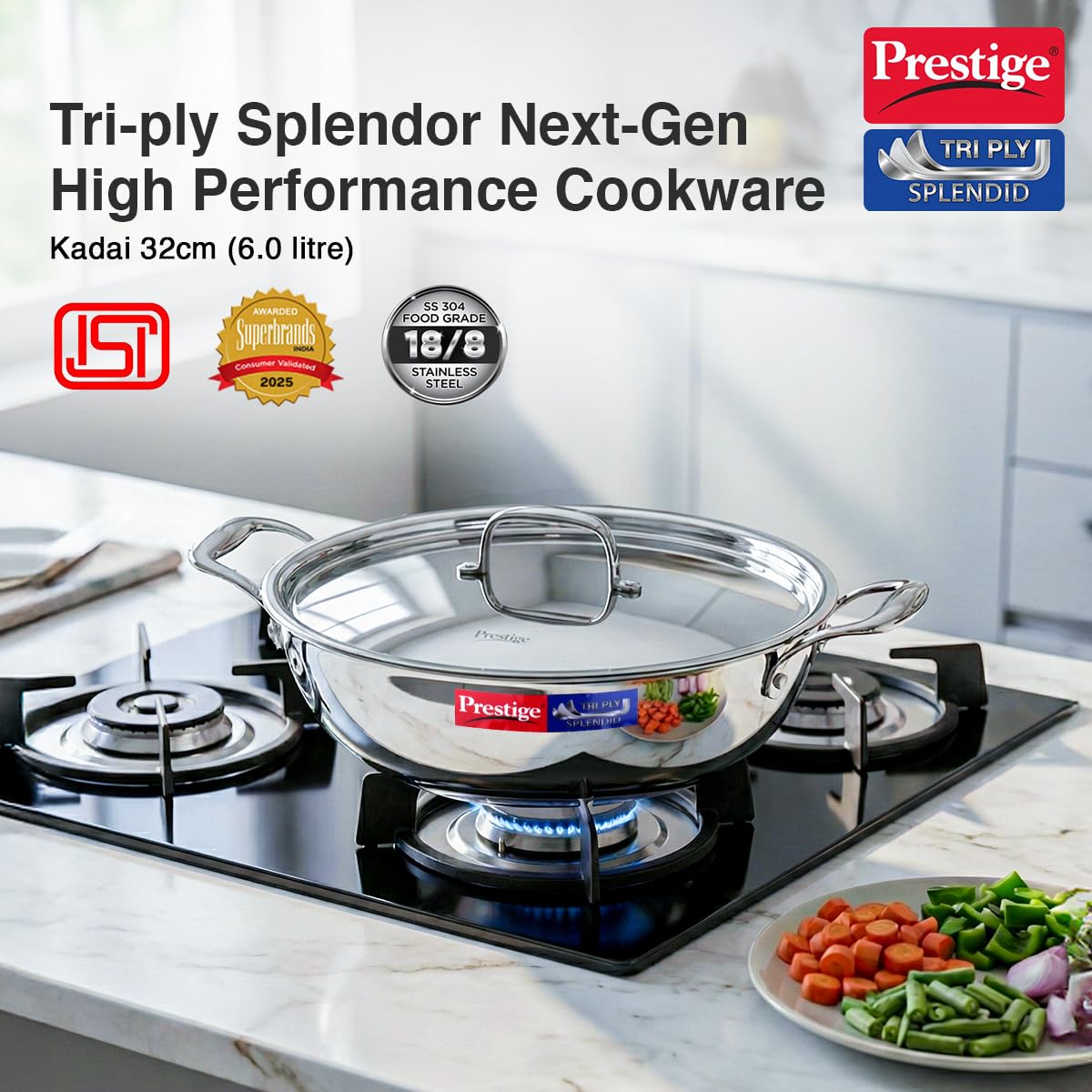 Prestige 32cm/6.0L Tri-Ply Stainless Steel Splendid Kadai with Lid|Gas and Induction Compatible|Even Heat Distribution| Thick Gauge Tri-Ply Body| Perma Cool Handles|15 Year Warranty