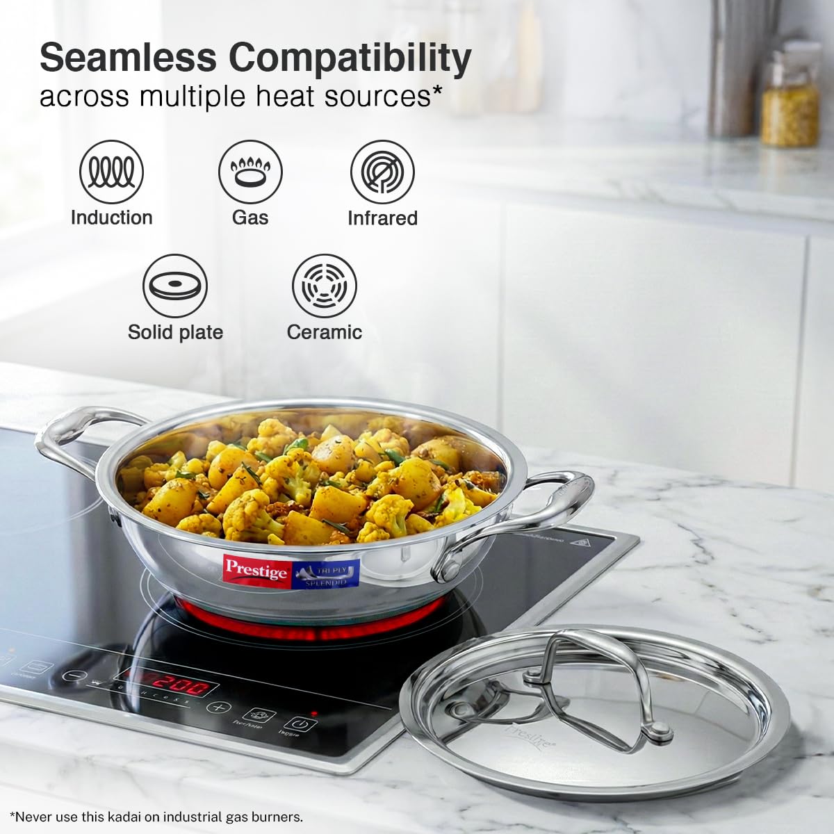 Prestige 18cm/1.2L Tri-Ply Stainless Steel Splendid Kadai with Lid|Gas and Induction Compatible|Even Heat Distribution| Thick Gauge Tri-Ply Body| Perma Cool Handles|15 Year Warranty