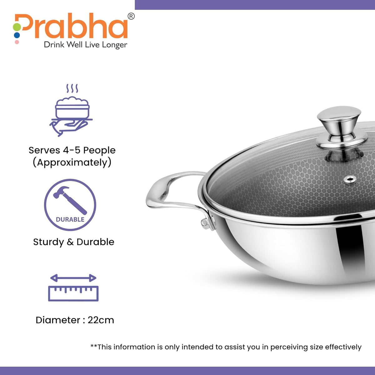 Prabha Hexa Triply Kadai with Glass Lid 2.2 litres 22cm | Cookware Kadai Set with Matt | Induction Base Kadhai for Cooking/Deep Frying | Non-Stick Kadhai Steel | 2 Year Warranty | BIS Certified