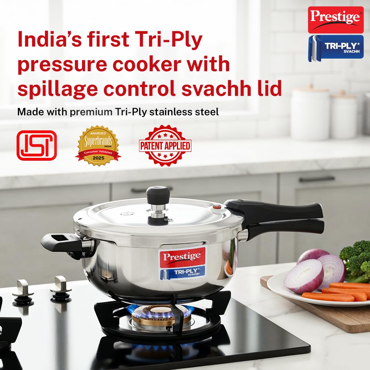 Prestige 3.5 Litre Triply Svachh Outerlid Pressure Cooker|Deep lid for spillage control|Gas & Induction Compatible|Triply body for even heating|Gasket Release System|5 Years warranty|ISI certified