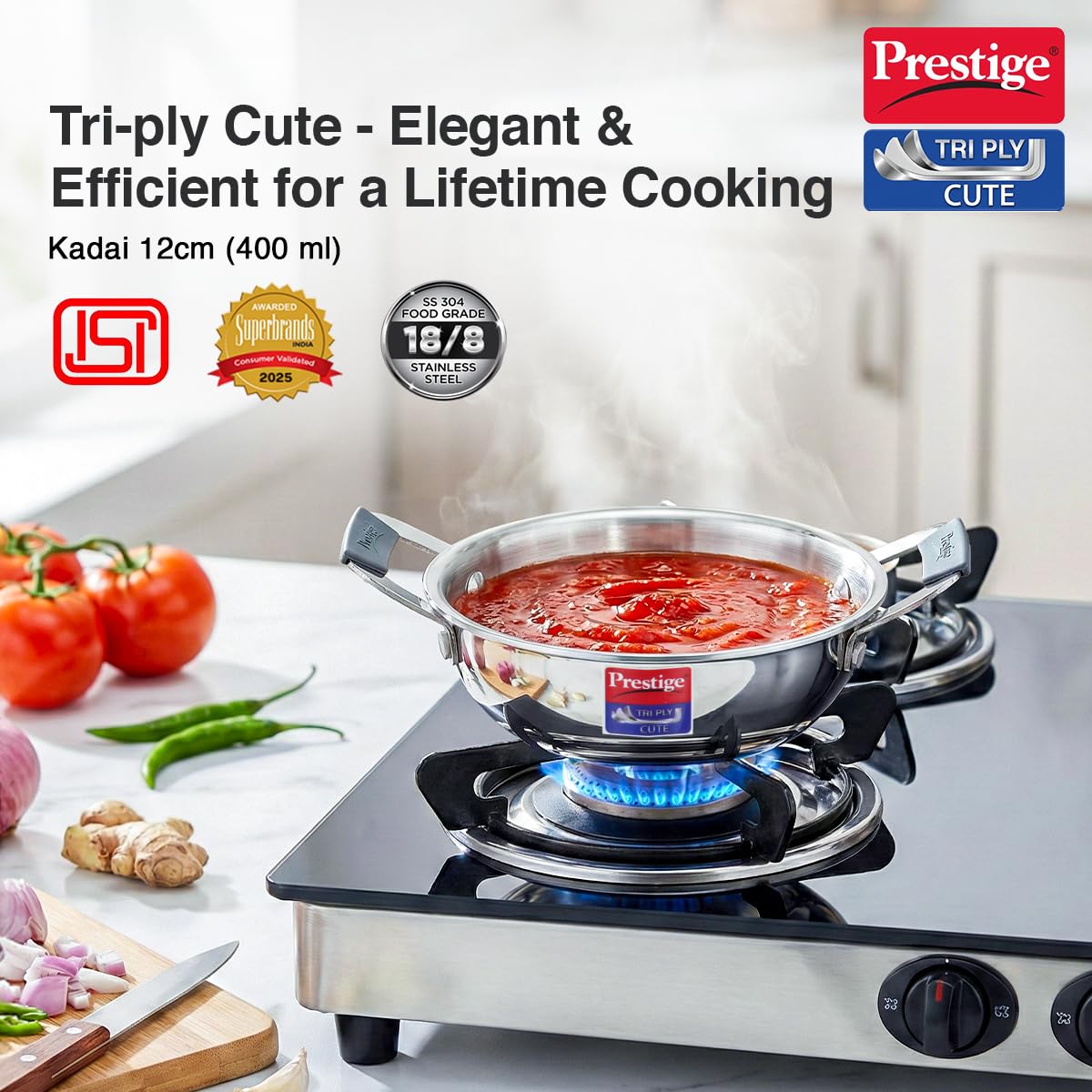 Prestige 12cm/400ml Tri-Ply Stainless Steel Cute Kadai|Gas & Induction Compatible| Even Heat Distribution|Perma-Cool Handles|Thick Gauge