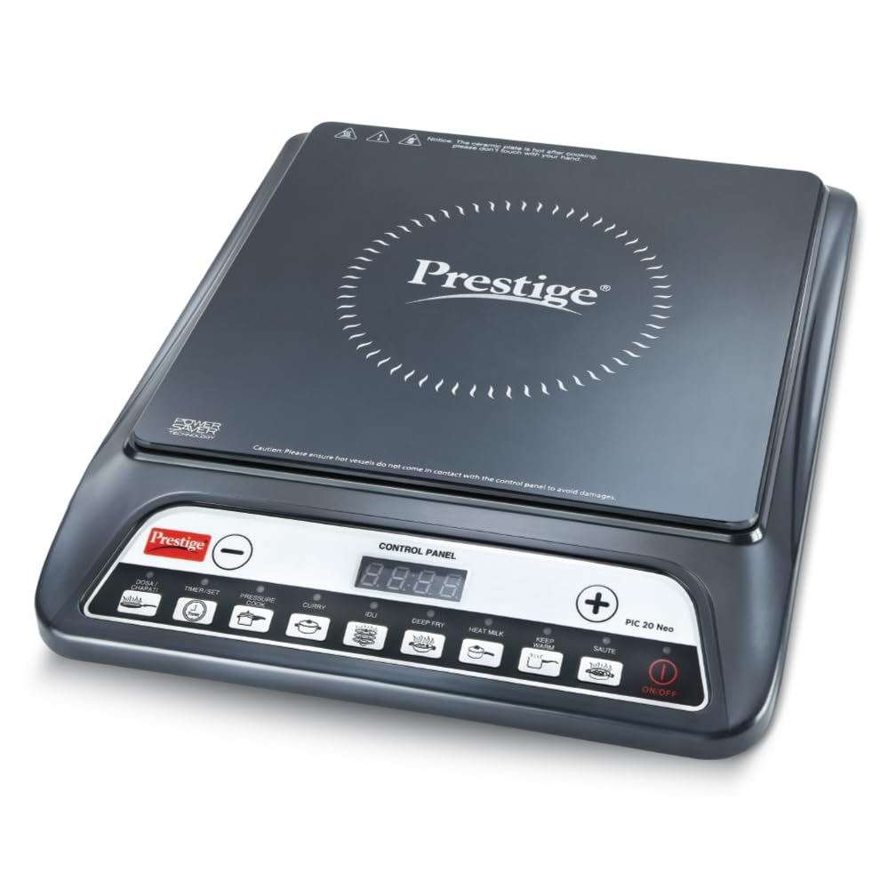Prestige Pic 20 Neo Induction Cooktop 1600W|Indian Menu Options| Automatic Voltage Regulator| Timer With User Pre-Set, Manual, Black