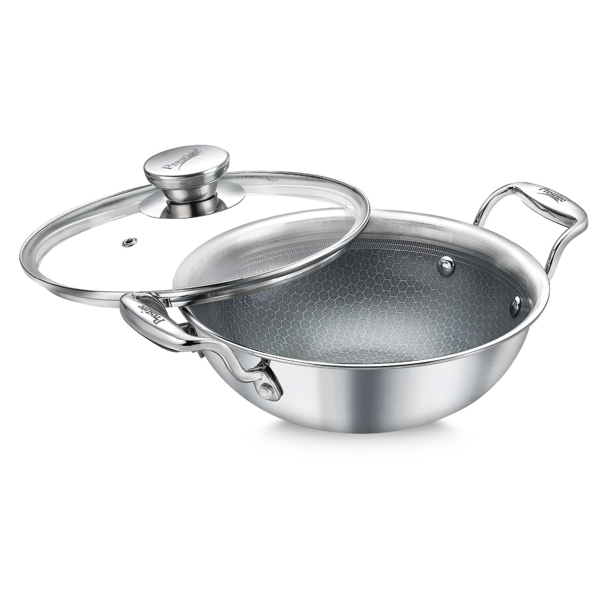 Prestige Tri Ply Hammered Stainless Steel Kadai Dia 24 cm / 2.7 L with Glass Lid