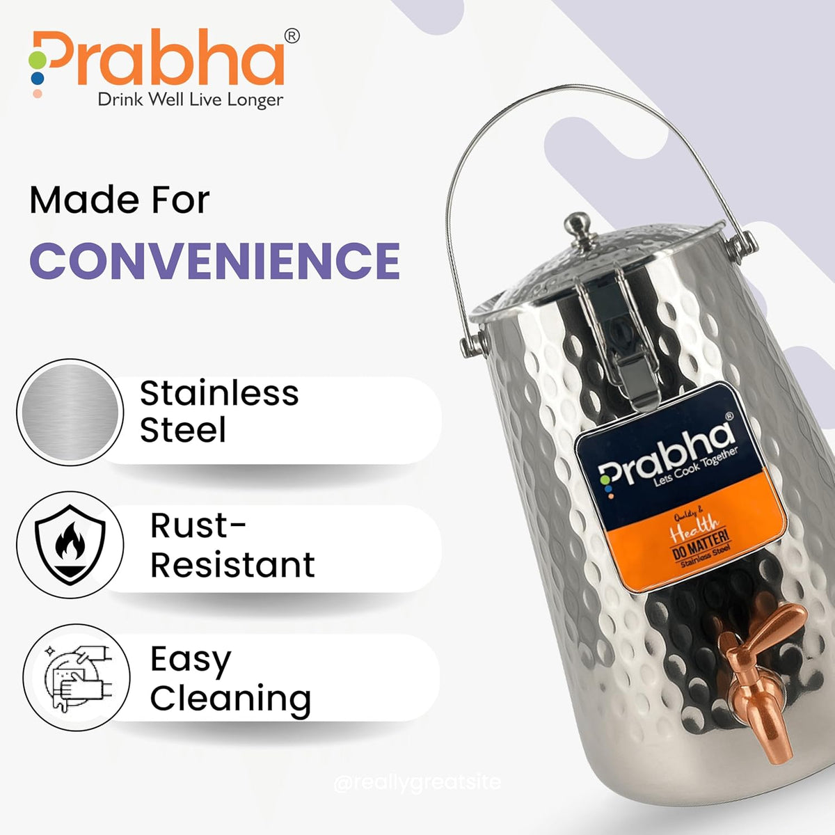 Prabha Water Container 10 Liters with Tap | Hammered Tapered Water Jug for Kitchen Storage | Stainless Steel Water Tank/Water Pot for Drinking | Handi Steel Matka Dispenser
