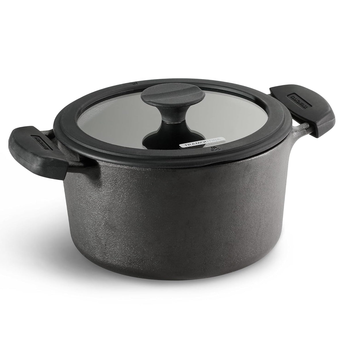 Tramontina TITANEX 20cm / 3.1L Pre-Seasoned Heritage Cast Iron Casserole with Toughened Glass Lid | Gas/Induction Compatible Biryani Pot | Stock Pot with Snap-On Silicone Grips | Life-Time Warranty