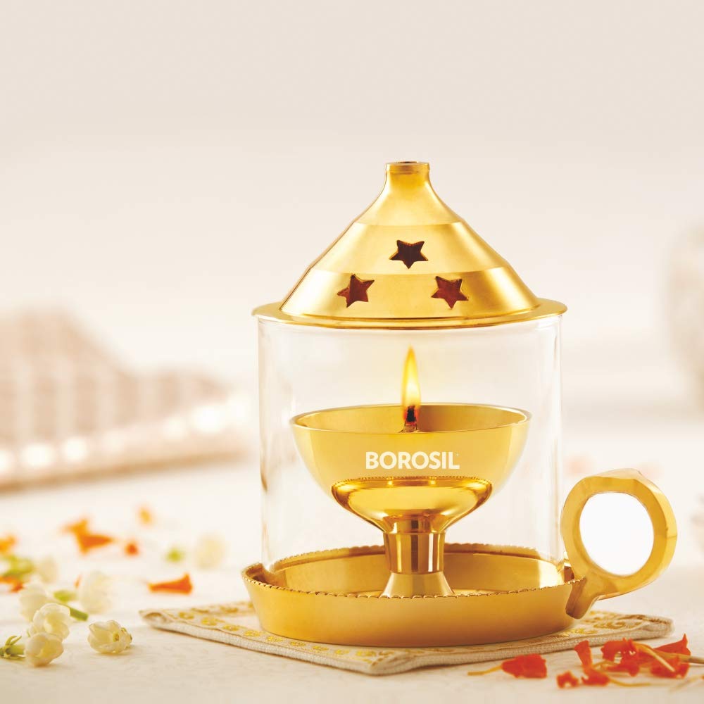 Borosil Medium Size Akhand Diya Decorative Brass Glass Oil Lamp | Tea Light Holder | Diya with Borosilicate Glass | Puja Dia for Mandir | Lantern with Cover
