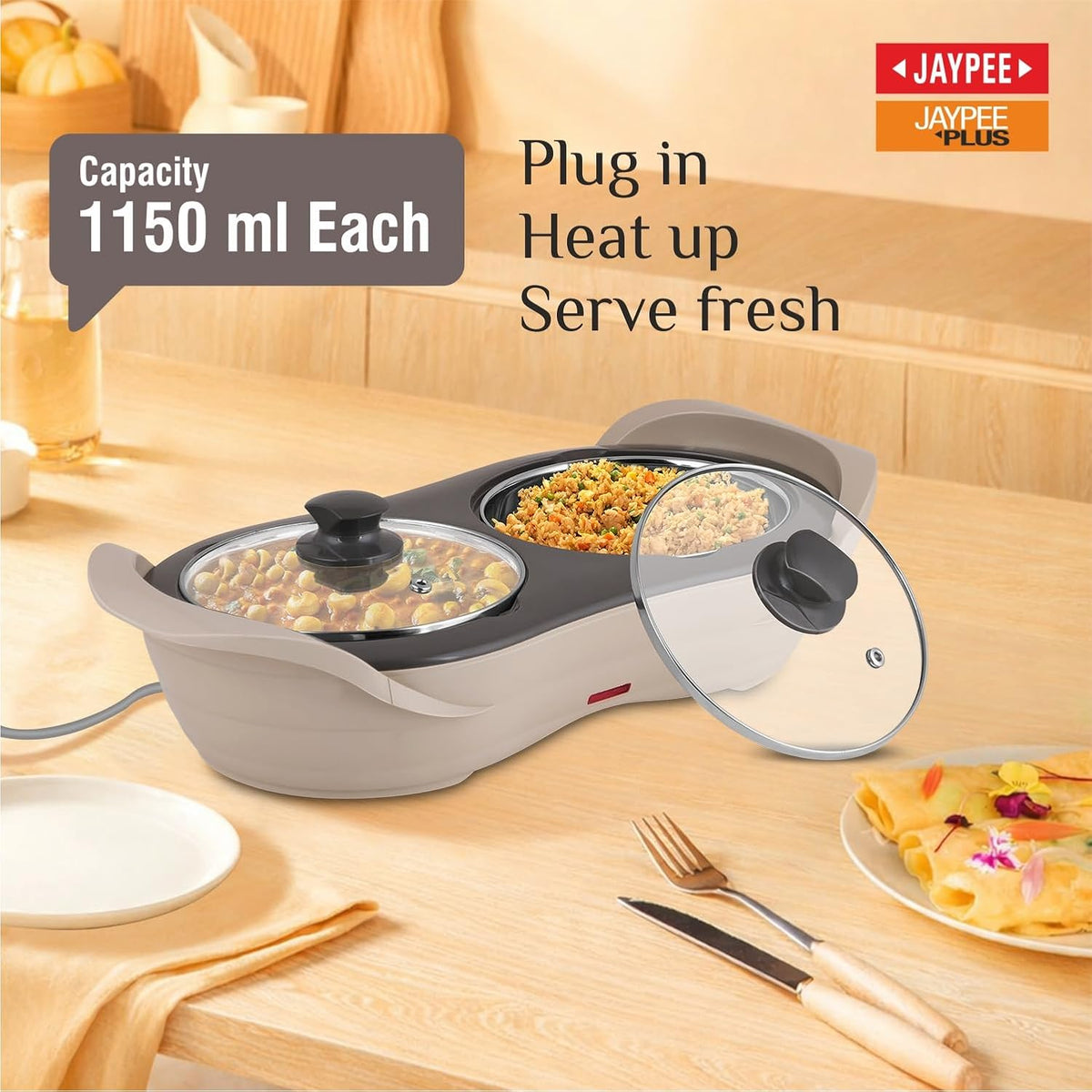 Jaypee Plus 1150 ml +1150 ml Stainless Steel Electric Casserole Set | Shockproof, Rustproof | 2 in 1 Electric Bowl for Food Warmer & Buffet Server - (Beige)