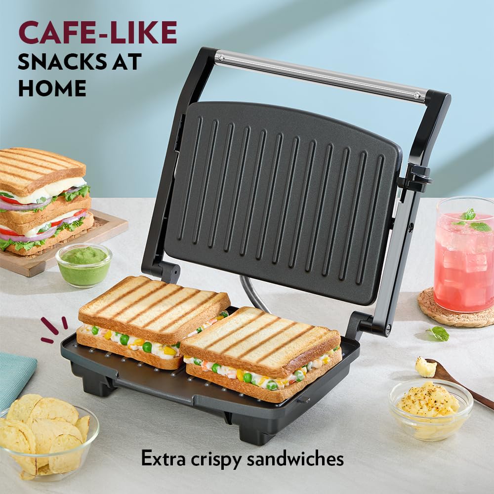 Borosil Elite Prime 1000W Grill Sandwich Maker, Makes 2 Sandwiches, Silver