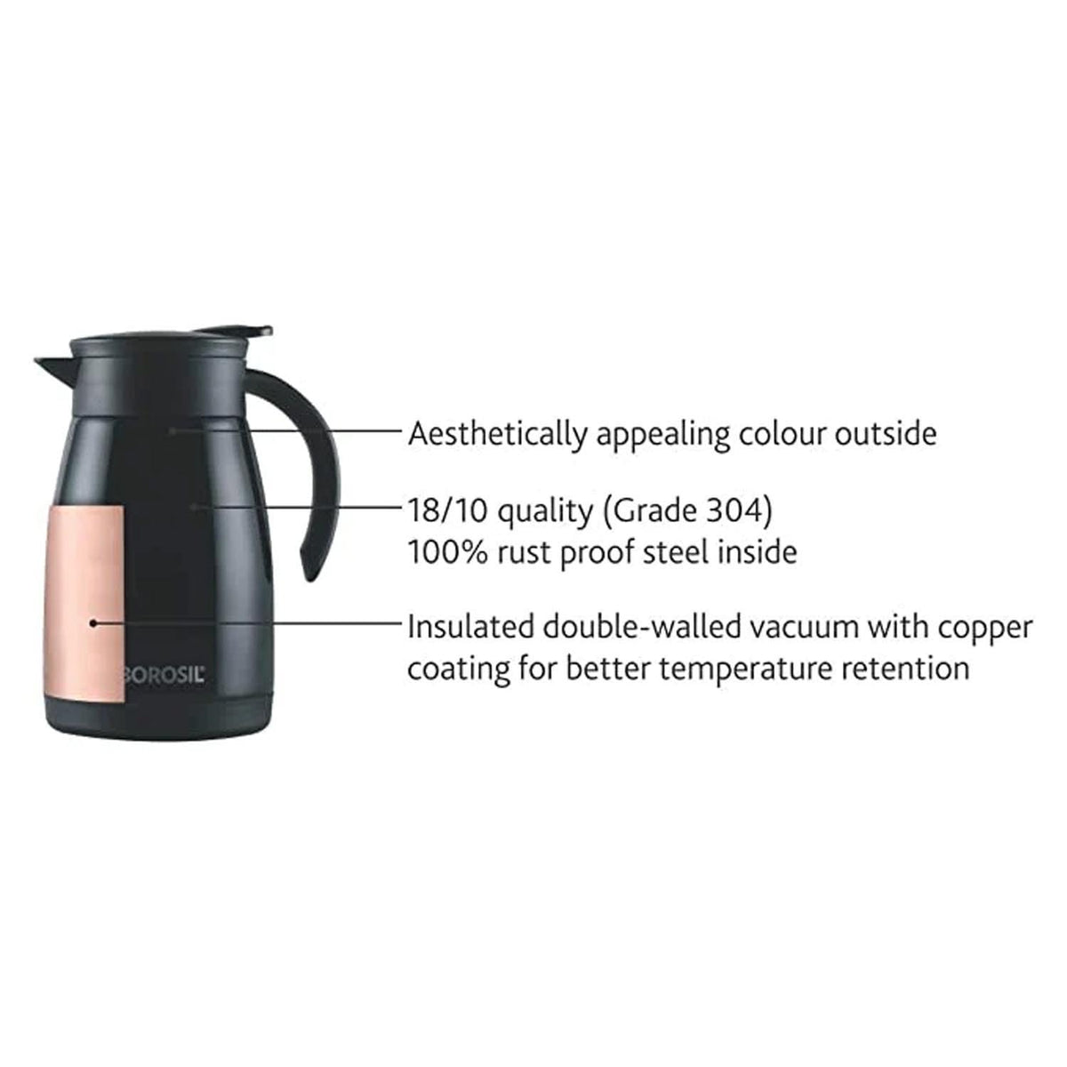 Borosil Stainless Steel Teapot with Handle | Double Wall Vacuum Insulated Thermosteel Carafe | BPA Free Jug for Tea/Coffee & Juice | 18 Hours Hot & 24 Hours Cold | 1 Year Warranty (Black, 750ml)
