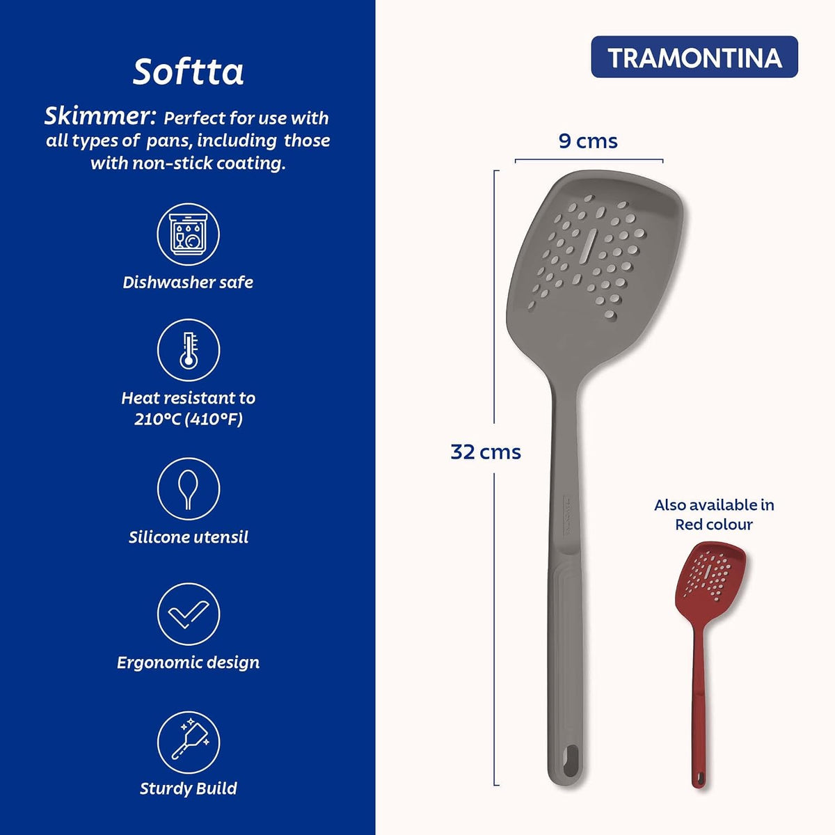 Tramontina Softta Grey Silicone Skimmer – Heat‑Resistant to 210°C – Safe for Nonstick & Ceramic Cookware – Perfect for Frying, Skimming & Serving