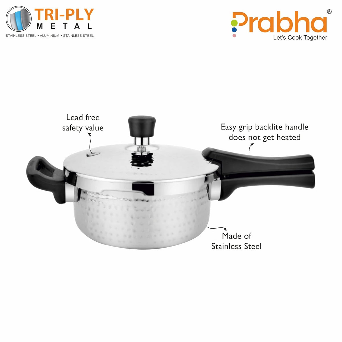 Prabha Stainless Steel Pressure Cooker 3.5 Litres Outer Lid | Tri-Ply Whizz Hammered Cooker | Kitchen Cookware Pots & Pans | ISI Certified | Fast & Safe Healthy Cooking | Gas & Induction