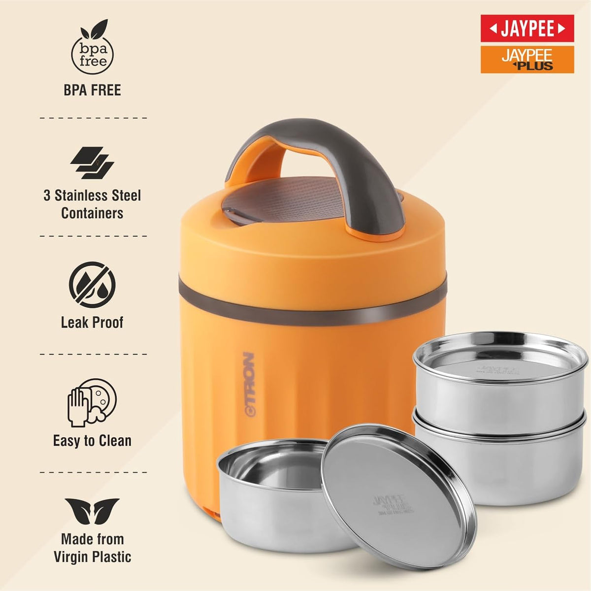 Jaypee Plus Etron Auto Cut Off Electric Lunch Box with 3 Stainless Steel containers 300X3 ml Lunch Box for Office, Travel Easy to Carry Handle Convenience case for Power Cord Food Grade,Orange
