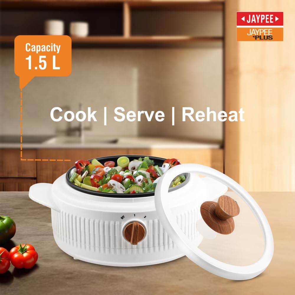 Jaypee Plus Electric CookSmart Casserole with Teflon NonStick Coating Bowl for Reheating & Cooking, Serving Casserole Wooden Finish Lid & Regulator Knob Toughened Glass Lid, 1500 ml, White