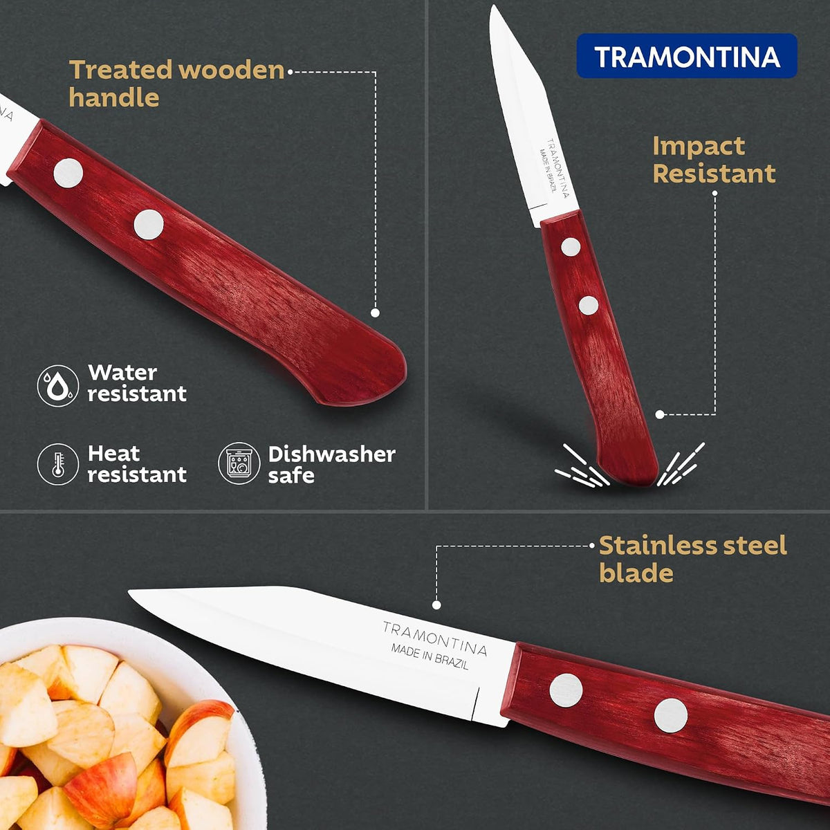 TRAMONTINA Polywood 7.6cm / 3" Stainless Steel Blade Vegetable & Fruit Knife | Vegetable Knife | Fruit Knife | Plain/Straight Edge | Treated Wooden Handle | Impact & Heat Resistant | 5 Yr Warranty