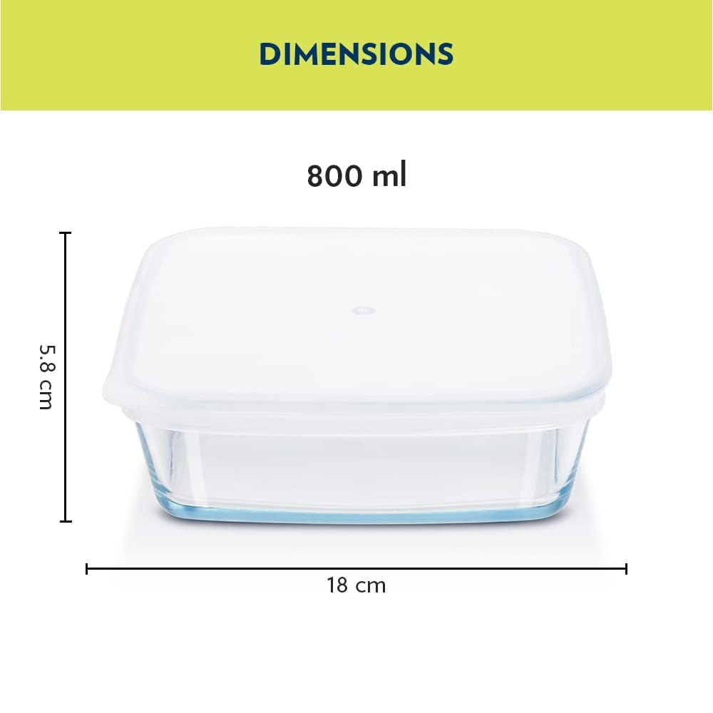 Borosil Baking & Serving Square Shape Dish with White Lid | Borosilicate Glass Bakeware and Serveware Tray | Microwave, Oven & Dishwasher Safe Bowl | Transparent (800 ml)