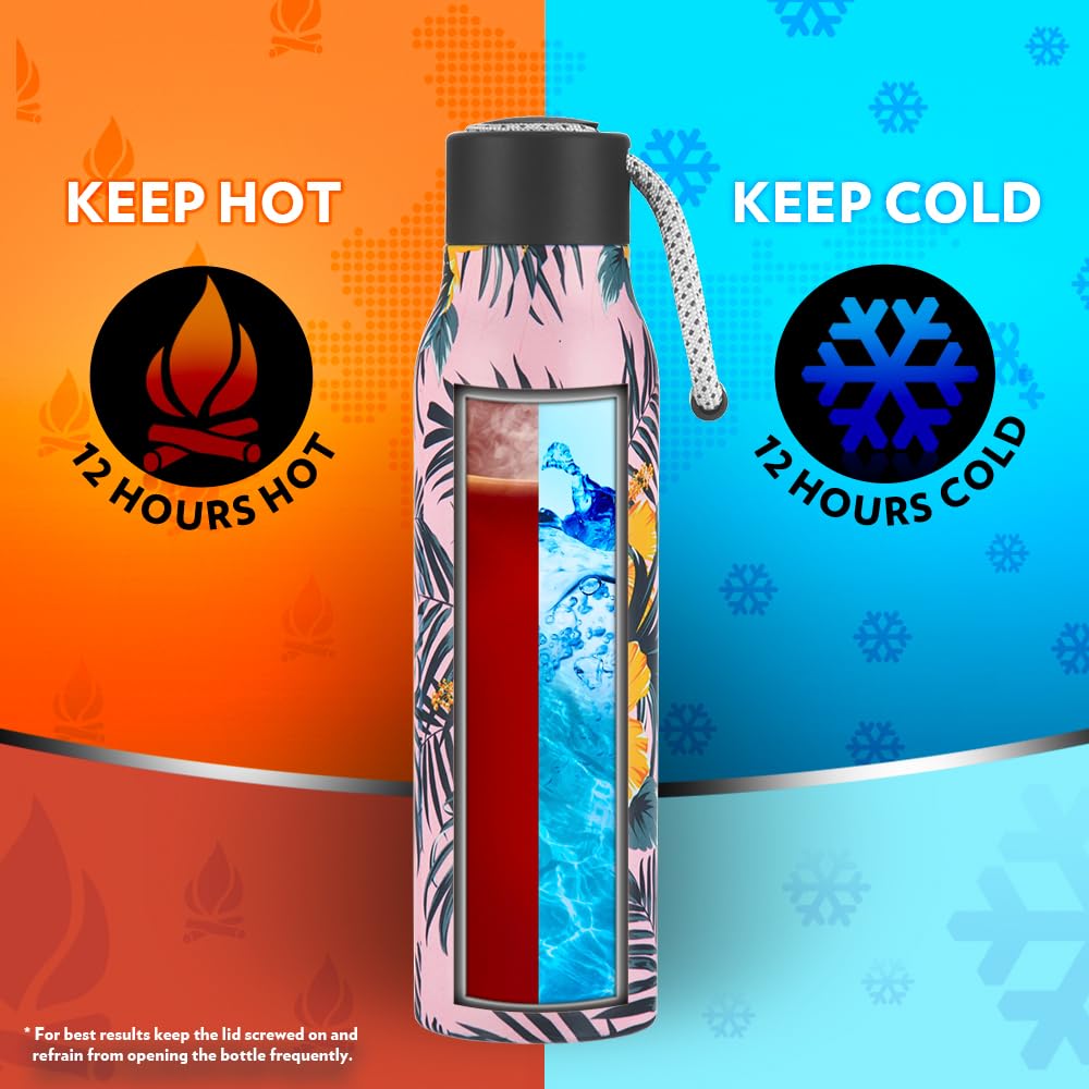 Borosil Hydra Aquasoul Tropical 600 ml Stainless Steel Water Bottle | Double Wall Vacuum Insulated Flask, Leakproof, Wide Mouth with Strap | 12 Hours Hot & Cold | 1 Year Warranty