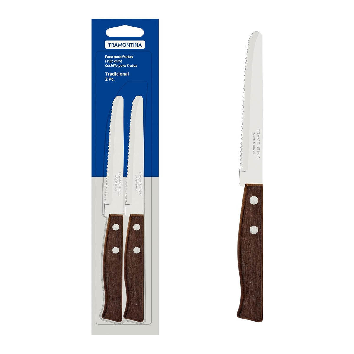 TRAMONTINA Tradicional Fruit Knife Set of 2, Serrated Blade, Natural Wood Handles, Fruit Vegetable Knives, Stainless Steel Knife Set, Made in Brazil