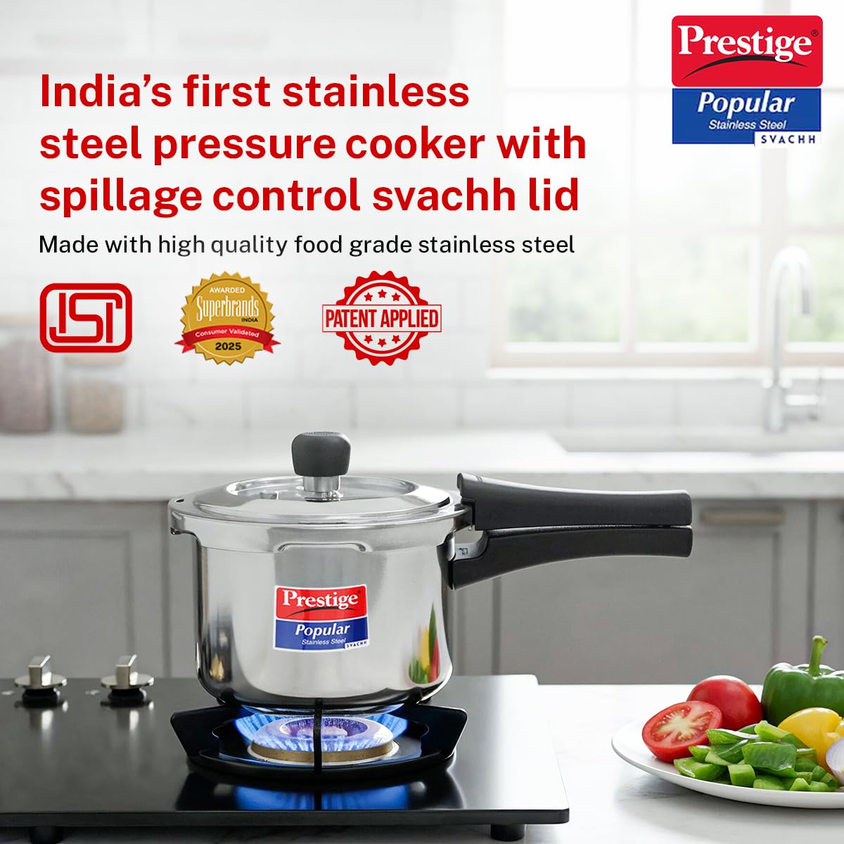 Prestige 1.5 Litre Stainless Steel Popular Svachh Outerlid Pressure Cooker | Deep lid for spillage control|Gas & Induction Compatible|Controlled Gasket Release System|5 Years warranty|ISI Certified