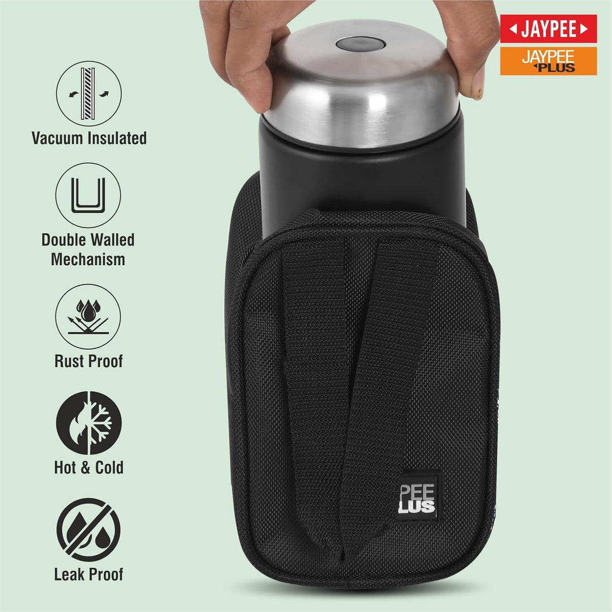 Jaypee Plus Nutri Jar Stainless Steel Vacuum Insulated Food Jar With Bag & Spoon|Hot And Cold Thermal Flask|Double Walled Scratch Resistant Ideal for Office, School, Gym & Travelling | 550 ml, Black