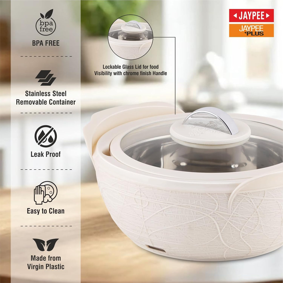Jaypee Plus Nest Inner Stainless Steel Electric Casserole Serve Set with Glass Lid, 2000 ml, Insulated casserole Set |Food Grade Serving Set |Ideal For Serving Warm Dish, Ivory