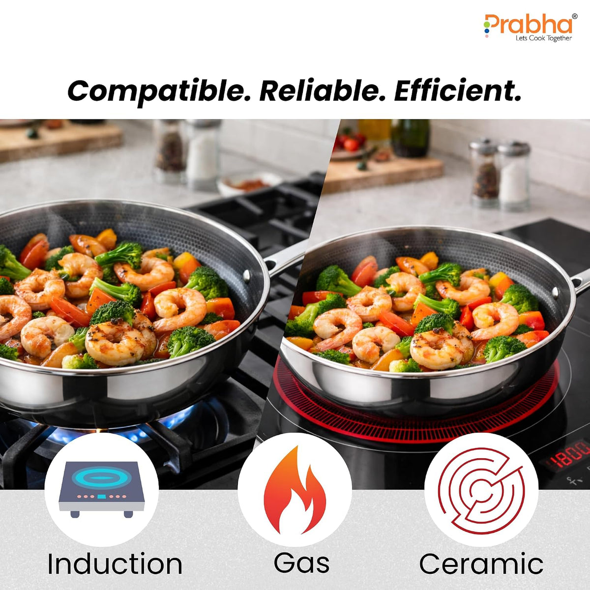 Prabha Tri-Ply Wok Fry Pan with Glass Lid 5.5 Litre | Stainless Steel Hexa Cube FryWok 30cm | FryPan Nonstick/Induction & Gas | Wok for Chinese Cooking | Cookware Deep Kadai Long Handle Steel