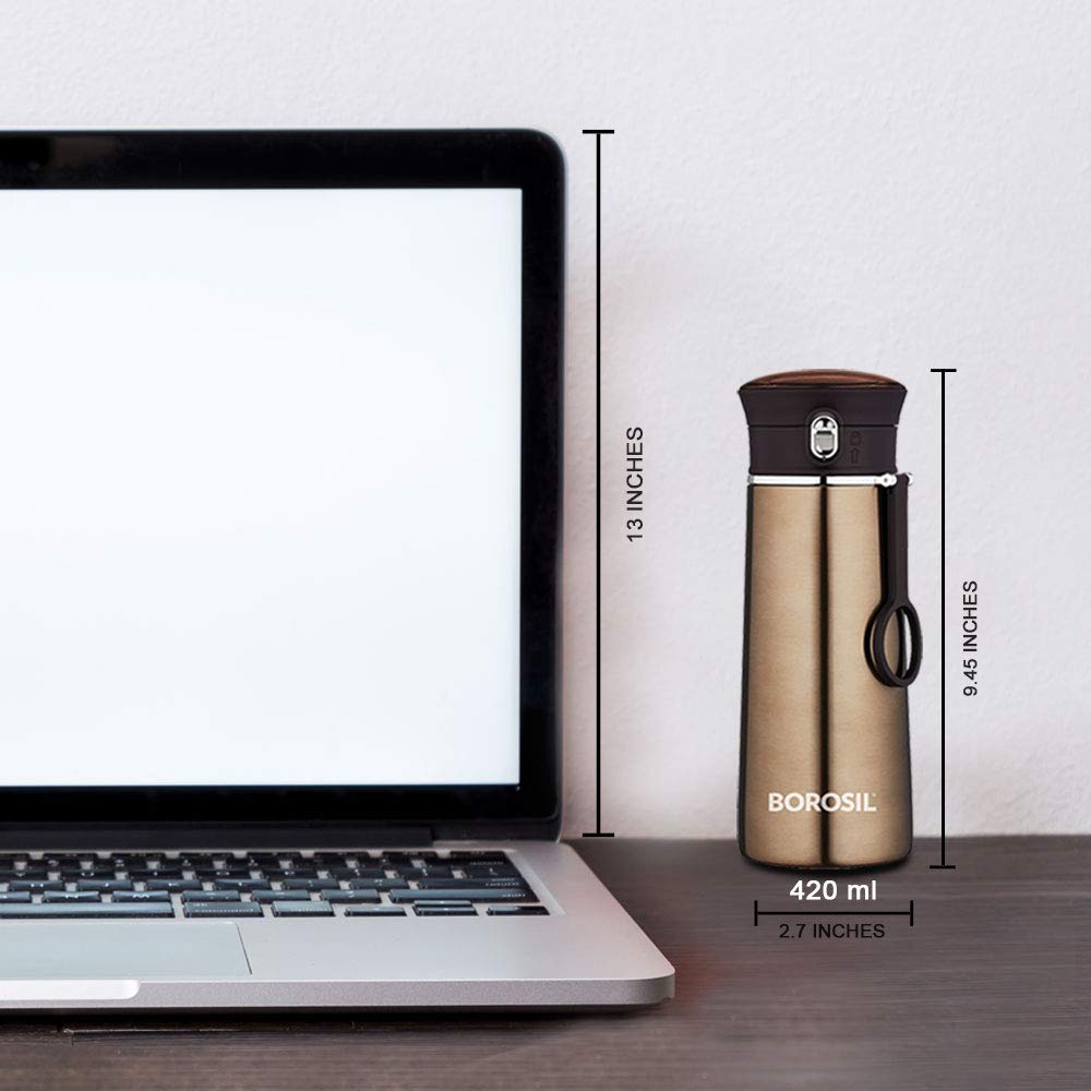 Borosil Travelease 420 ml Stainless Steel Water Bottle | Double Wall Vacuum Insulated Flask, Leakproof | 12 Hrs. Hot & 14 Hrs. Cold | Bottle for Office, Gym, School & College | 1 Year Warranty, Brown