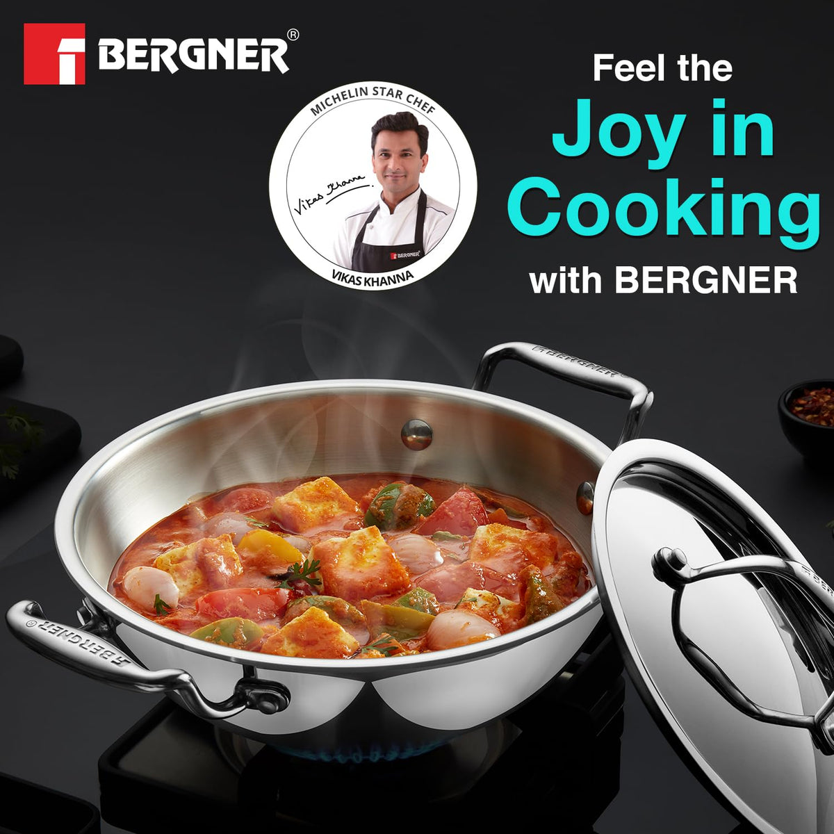 BERGNER Argent Triply 34cm (9.1 Liters) Deep Kadai with Stainless Steel Lid, Consumes Less Oil, Healthy Cooking, Sturdy Stay Cool Cast Handles, Even Heat Distribution - Induction and Gas Stove Ready