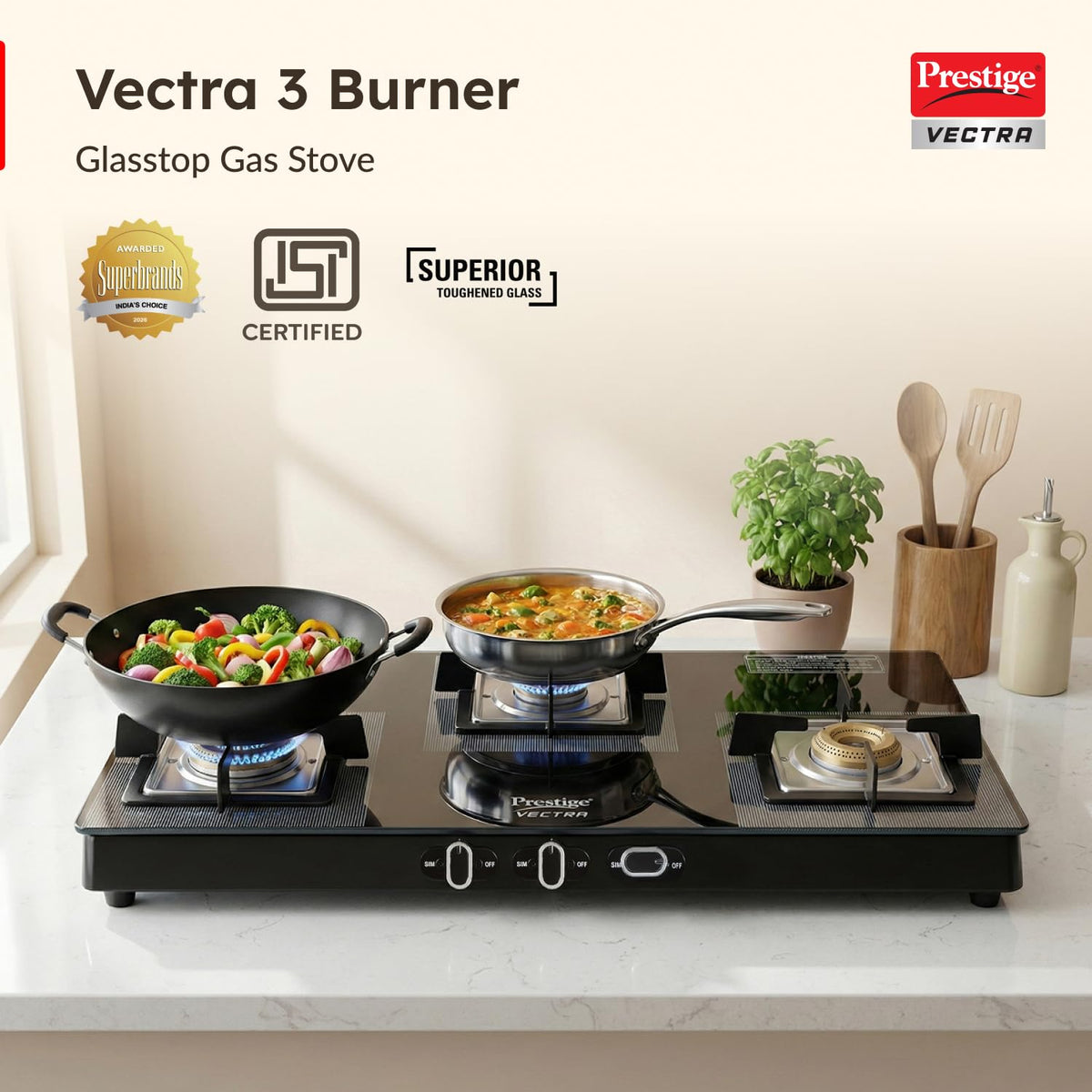 Prestige Vectra 3 Burner Glasstop Gas Stove|Superior Toughened Glass|Jumbo Brass Burner|3-Way Gas Inlet|360 Degree Revolving Nozzle|10 Years Warranty on Glass|Black,open