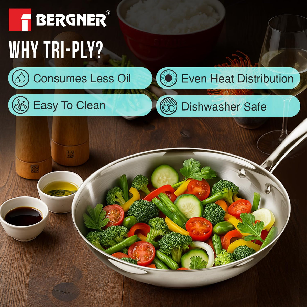BERGNER Argent TriPly 20 cm Frypan/Steel Pan, Scratch Resistant, for Spice Tempering/Seasoning, Stay Cool Long Handle, Mirror Finish, Induction Ready, 5-Year Warranty by Bergner