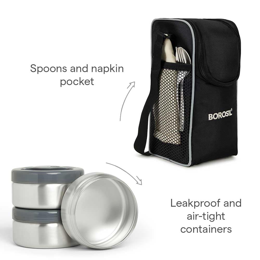 Borosil - Hot-N-Fresh Stainless Steel Insulated Lunch Box, Set of 3 (1pcs 350 ml + 2pcs 420 ml), Grey