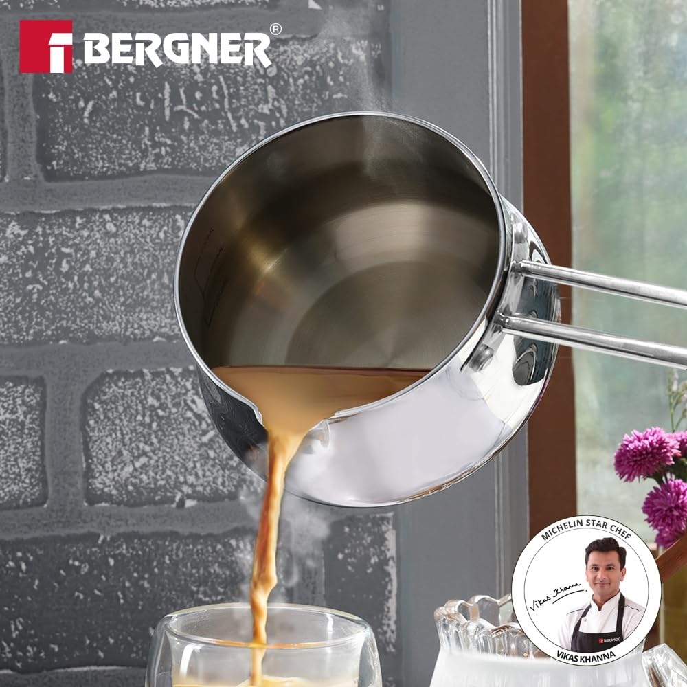 Bergner BE Essentials Tri-Ply 12cm (900ml) Stainless Steel Coffee Warmer/Milk Warmer, Even & Faster Heating, Food Safe, Durable, Easy to Pour, Serve and Clean - Induction Bottom and Gas Stove Ready