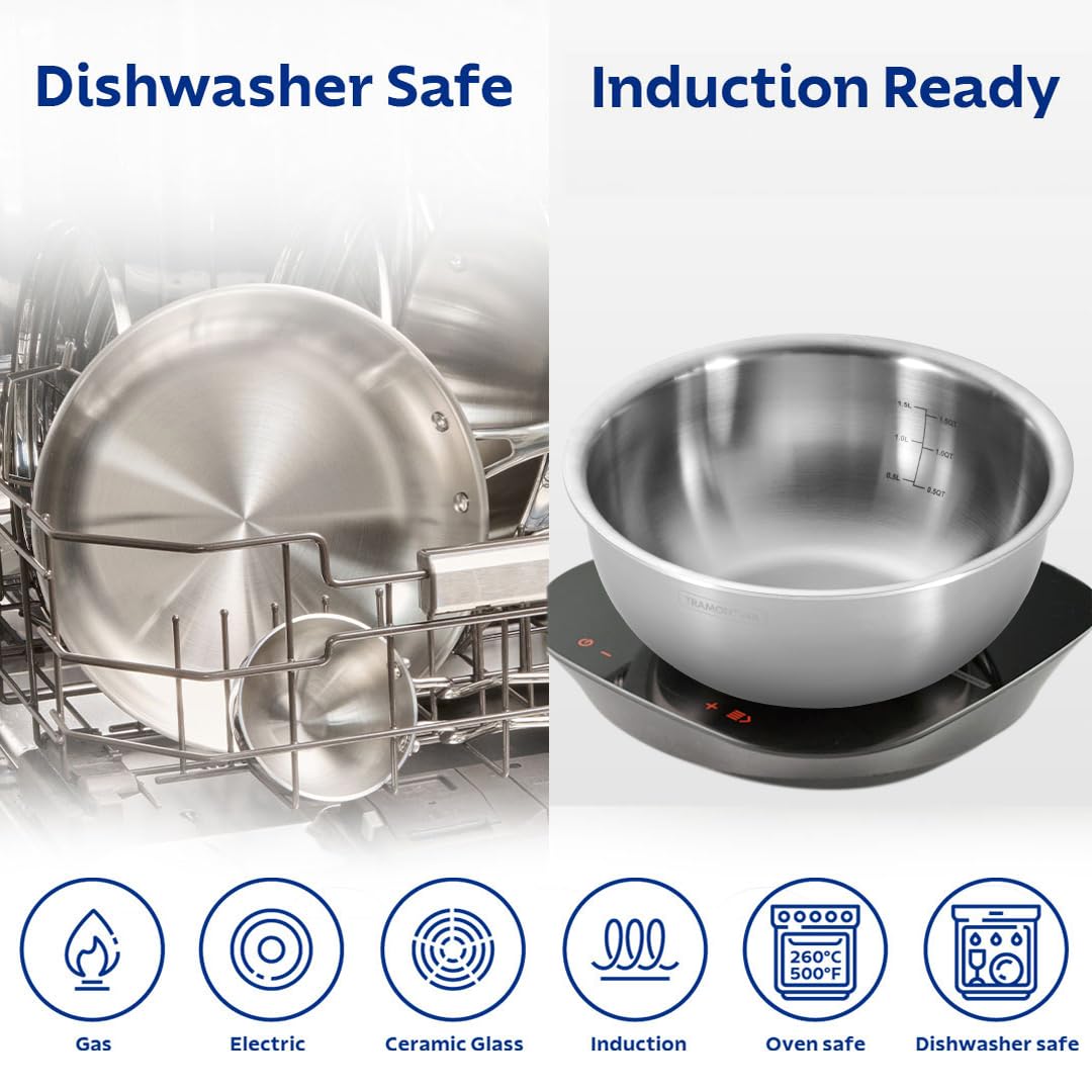 Tramontina AEION Triply 28cm / 5.9L Stainless Steel Tasla with Lid | Kitchen Serving Bowl with Measurement Scale | Gas/Induction Compatible Cookware | Salad Bowl | NSF Certified | 10 Year Warranty