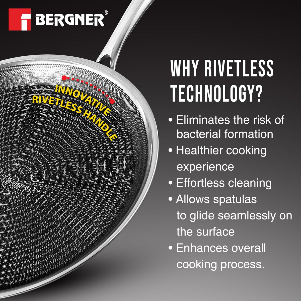 BERGNER Hi-Tech Giro Triply Stainless Steel 30cm Dosa Tawa, Honeycomb Mesh Non-Stick Coating, PFOA Free, Even Heat Distribution, Sturdy and Durable Stay Cool Handle - Induction and Gas Stove Ready