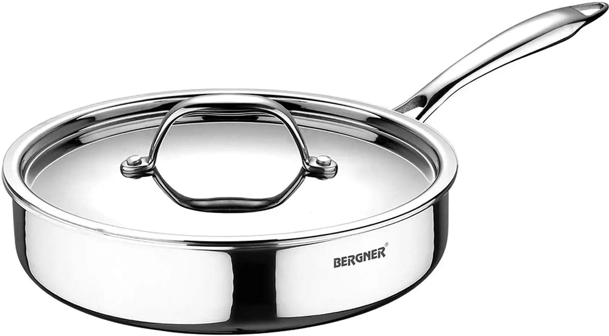 BERGNER Argent Tri-ply 1.8 Litre Saute Pan 22 cm diameter with Lid 1.8 L capacity (Triply, Stainless Steel, Induction Bottom)