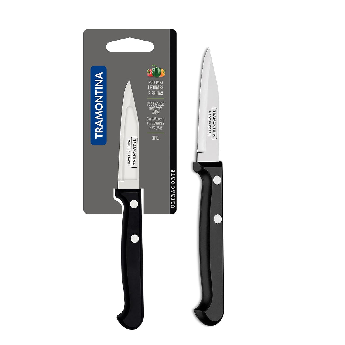 TRAMONTINA Ultracorte Stainless Steel Vegetable and Fruit Knife / 7cm / 2.7" | Black | Straight/Plain Edge | Antimicrobial | Polypropylene Handle | Dishwasher Safe | 5 Year Warranty