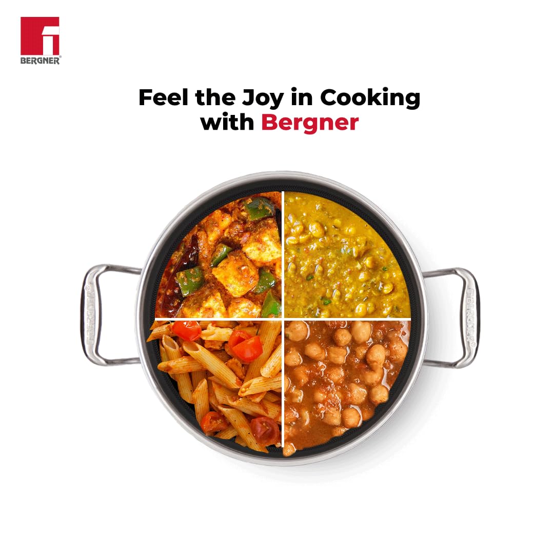 BERGNER Hitech Triply Non-Stick 32 Cm(5.8 L) Kadai with Flat Glass Lid