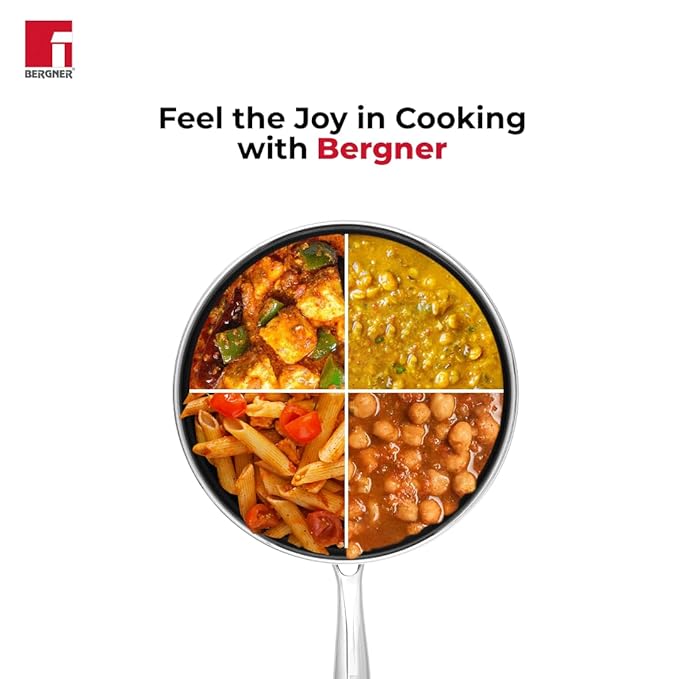 Bergner Hi-Tech TriPly Stainless Steel 24cm (3.1 L) Wok with Glass Lid, Honeycomb Non-Stick Coating Chinese Kadai