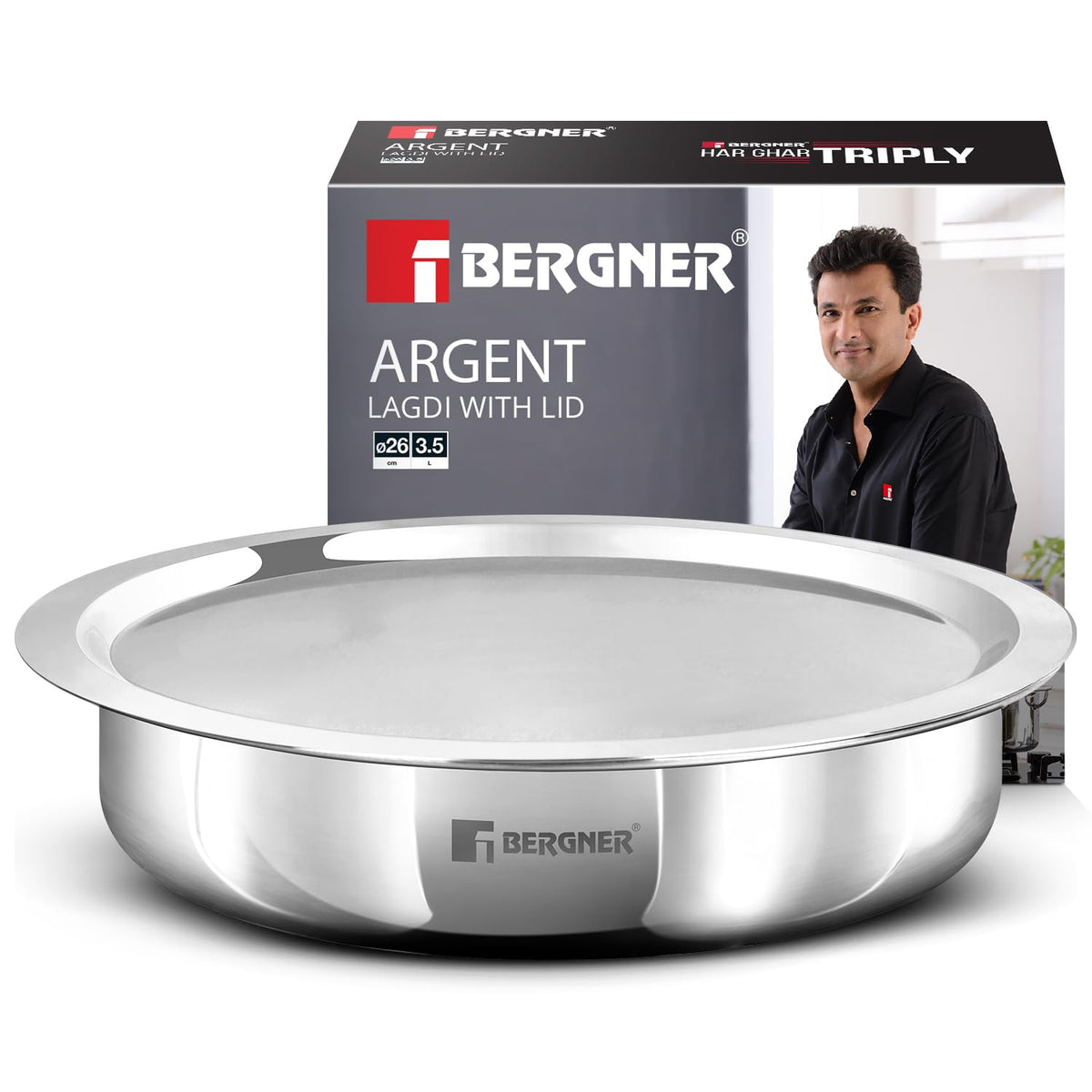BERGNER Argent 26cm Triply Lagdi with Stainless Steel Lid, 3.5 Liters Shallow Tope, Consumes Less Oil, Healthy Cooking, Food Safe, Flared Rim, Even Heat Distribution - Induction and Gas Stove Ready