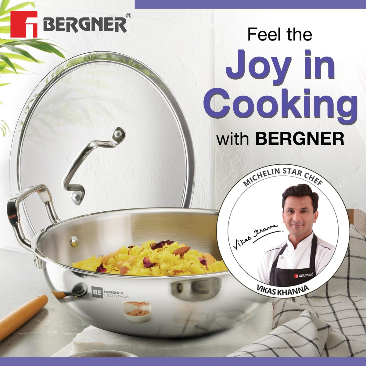 BERGNER BE Essentials Triply Stainless Steel 24 cm / 3 L Kadai with Flat Glass Lid, Kadhai with Lid, Consumes Less Oil, Healthy Cooking, Mirror Shiny Finish, Easy to Clean - Full Induction Bottom