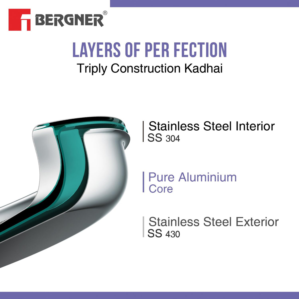 Bergner BE Essentials Triply Stainless Steel 30cm / 6 L Kadai with Flat Glass Lid, Large Kadhai with Lid, Consumes Less Oil, Healthy Cooking, Mirror Shiny Finish, Easy to Clean - Full Induction Bottom