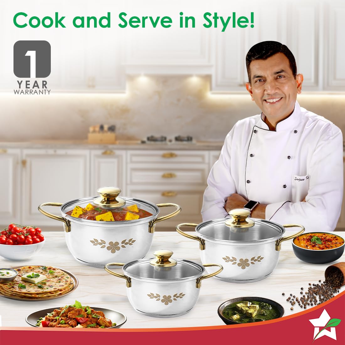 Wonderchef Gold Stanton Stainless-Steel 3 Pc Casserole Set with Glass Lid