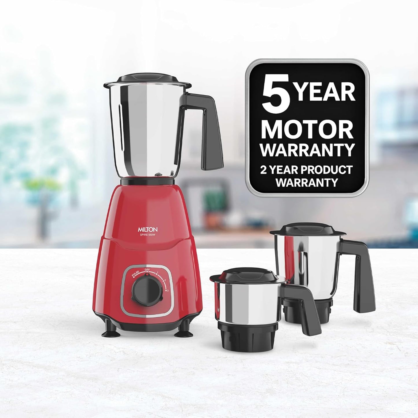 Milton Spire Mixer Grinder, ISI Certified, Grindstone Blade Technology, 3 Jar, 550 W