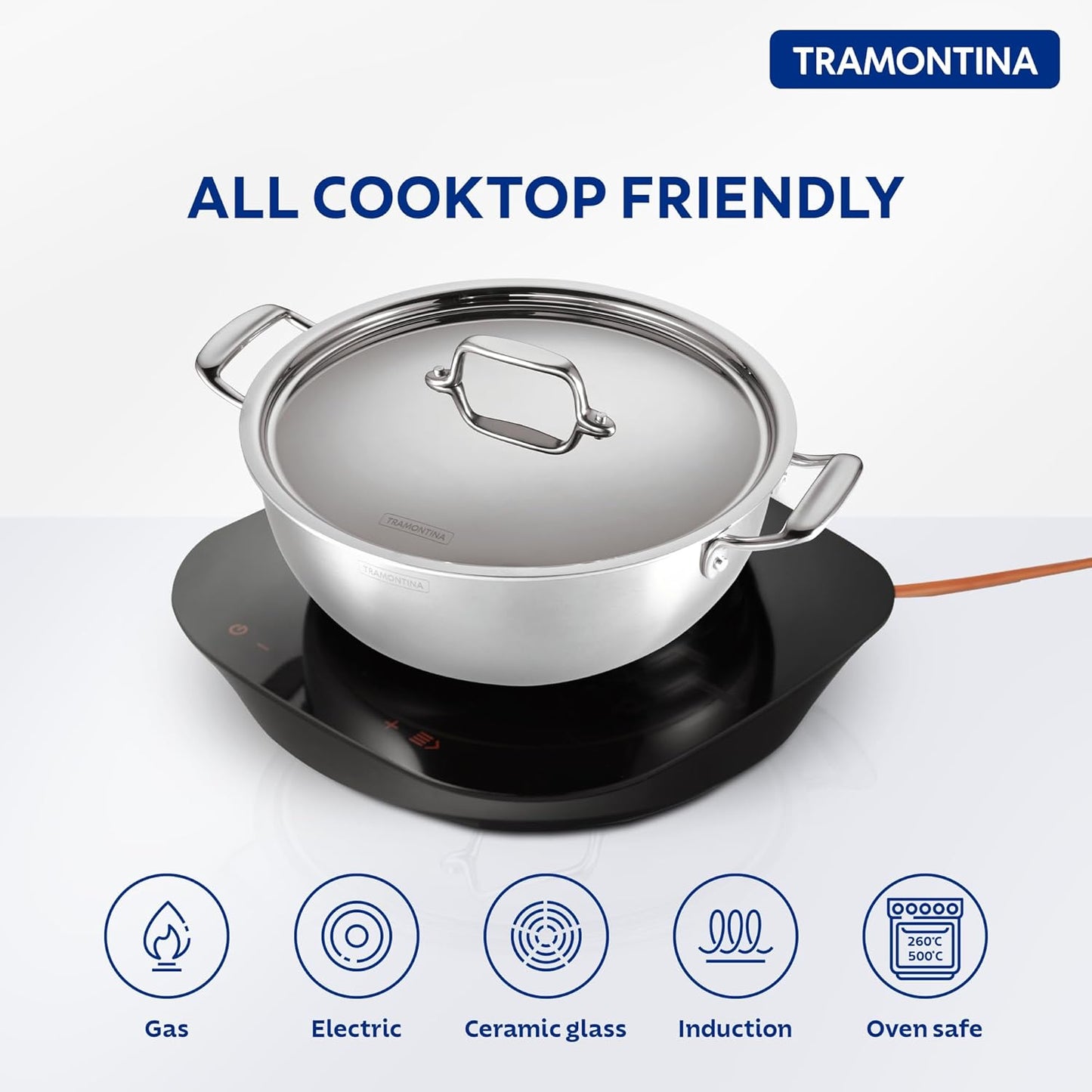 Tramontina FUSAO EX+ 24cm / 3.8L Ceramic Coated Triply Stainless Steel Deep Kadai with Lid