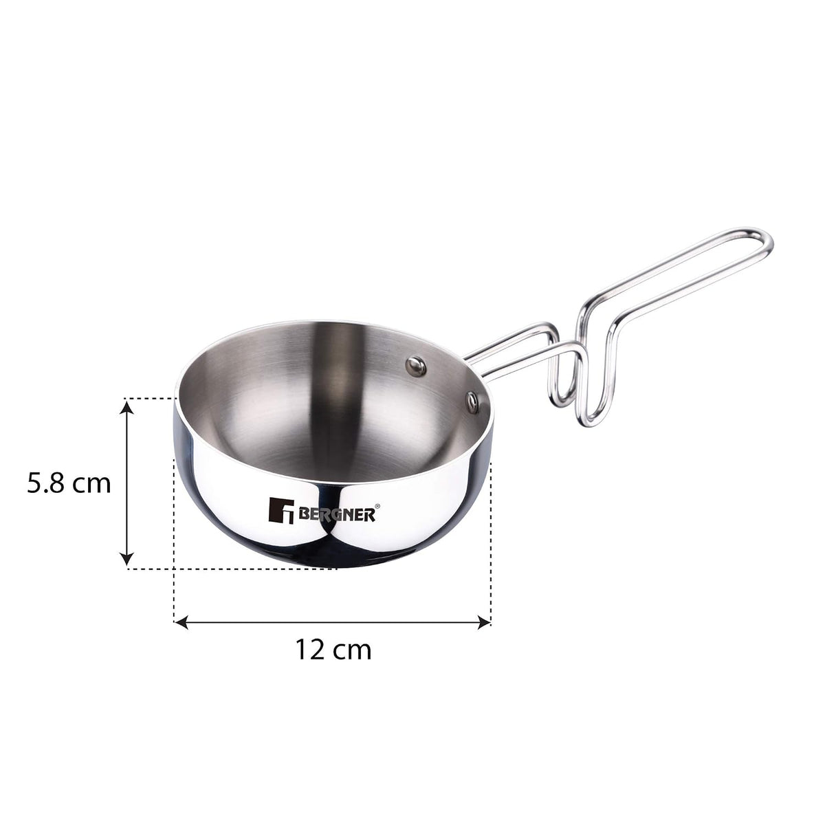 BERGNER Argent Triply 12cm Tadka Pan, 500ml Capacity, for Spice Tempering/Seasoning, Laser-Etched Measuring Scale Inside, Consumes Less Oil, Healthy Cooking - Induction and Gas Stove Ready