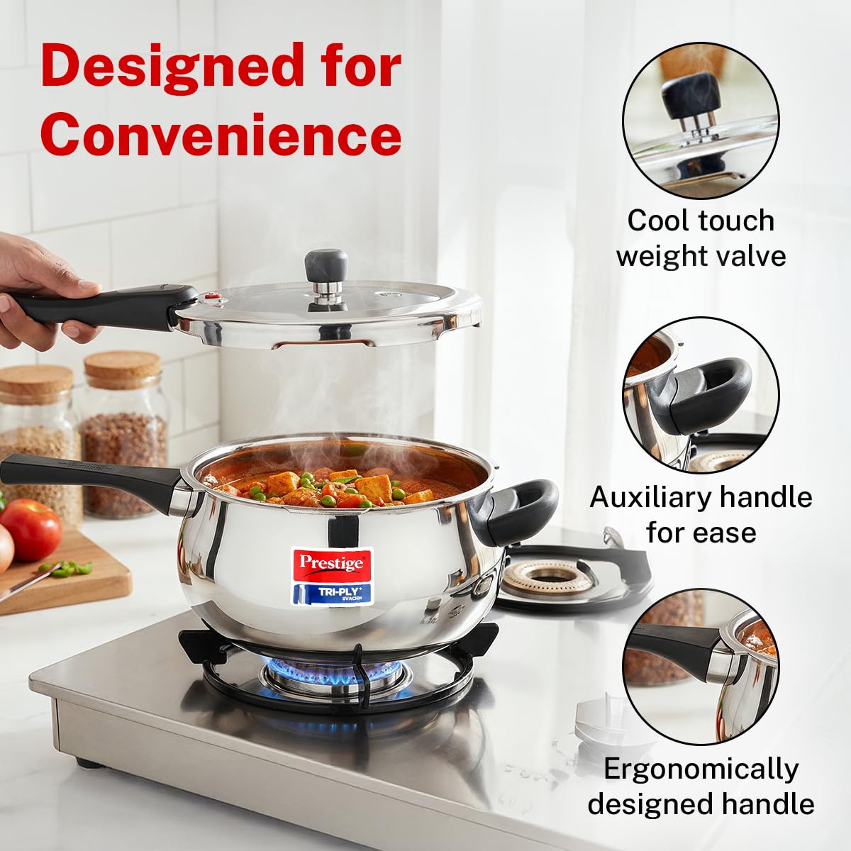 Prestige 3 Litre Triply Svachh Handi Outerlid Pressure Cooker|Deep lid for spillage control|Gas & Induction Compatible|Triply body for even heating|Gasket Release System|5 Years warranty|ISI certified