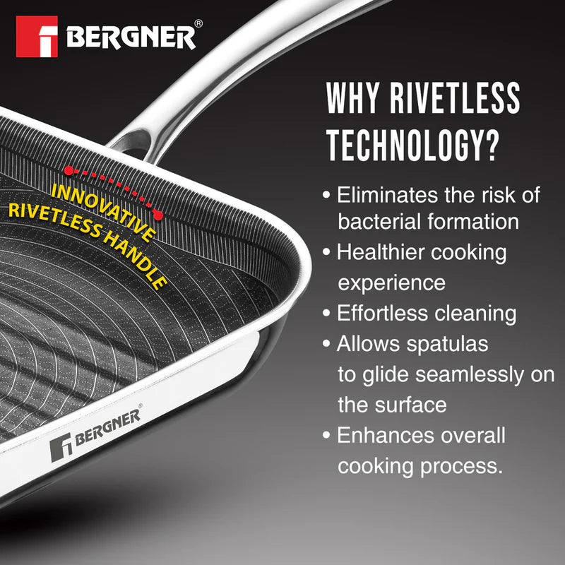 BERGNER Hi-Tech Tri-Ply Stainless Steel 24cm Grill Pan, Honeycomb Non-Stick Coating Inside