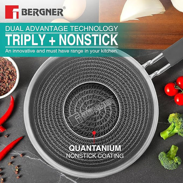 BERGNER Hitech Prism Non-Stick Stainless Steel Concave Roti Tawa, 26 cm, Induction Base, Silver