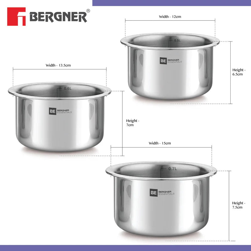 Bergner Essentials Tri-Ply Stainless Steel Junior Tope Set of 3 Pcs Set - 10 cm/500 ml, 11 cm/700ml, 12 cm/800ml, 3 Pc Patila Set, Topia Set