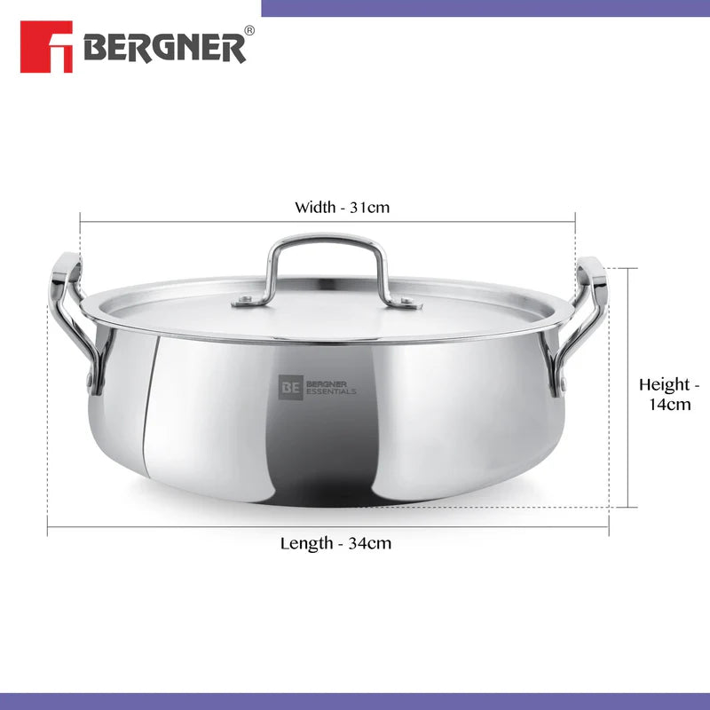 Bergner Essentials TriPly Stainless Steel 28 cm Biryani Handi with Lid, 6.4 L Biryani Pot, Patila Handi